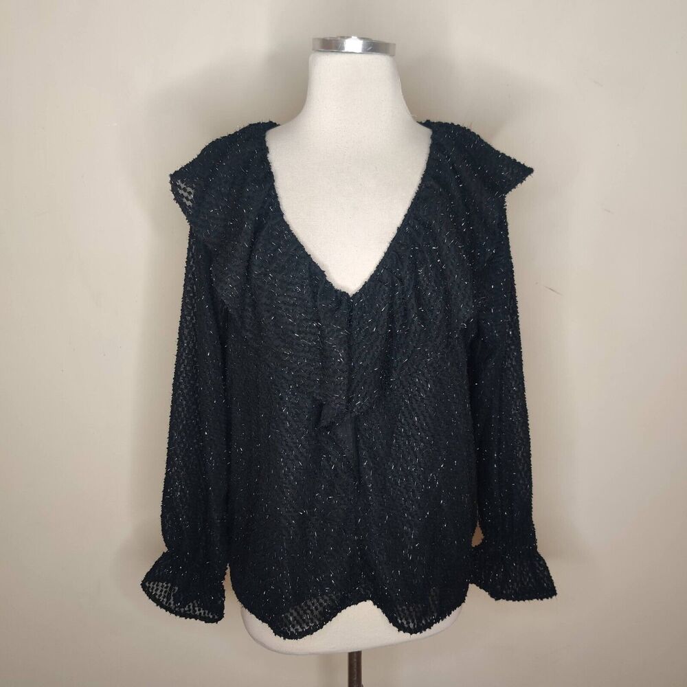 LOFT Ruffled Blouse Top Black Fringe Metallic Long‎ Sleeve